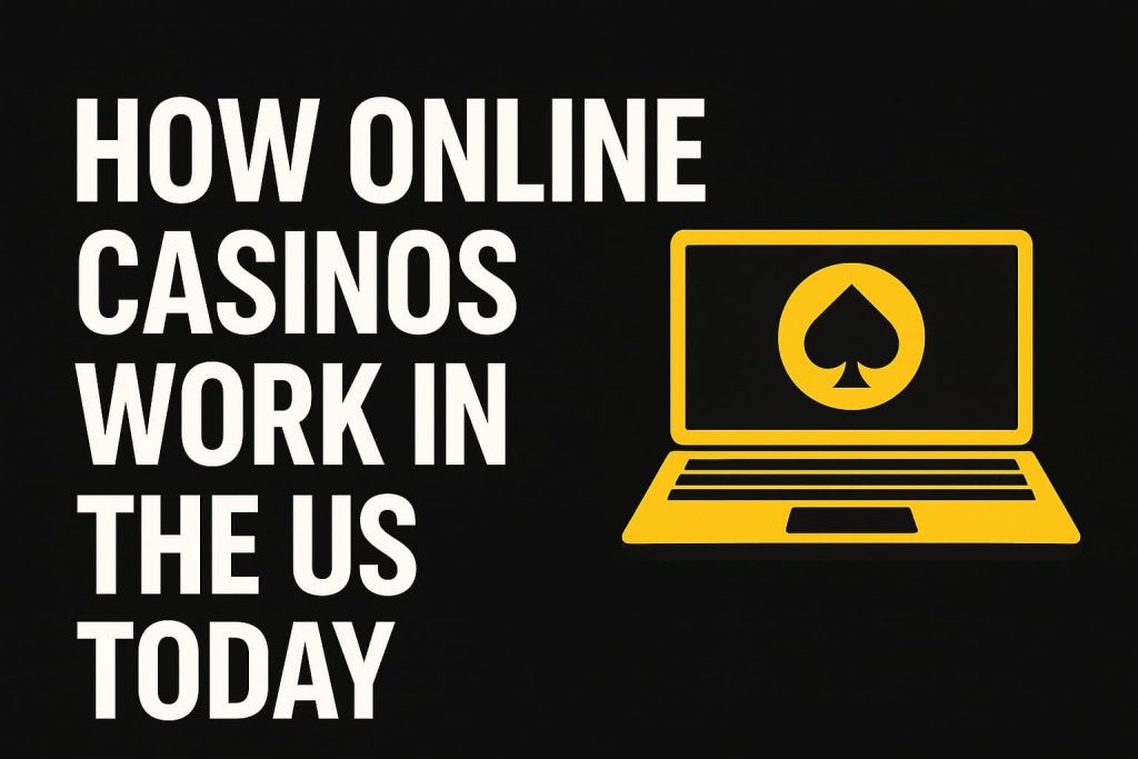 How online casinos work in the us today with white text on a black background next to a yellow laptop